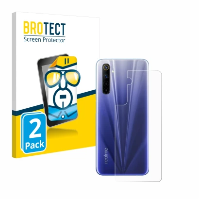 Parte frontale di una confezione del prodotto con il logo del marchio BROTECT. Accanto è raffigurato il dispositivo realme 6 (