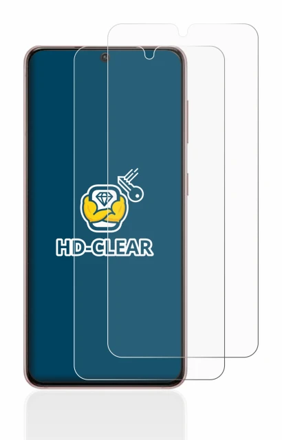 Immagine del dispositivo Samsung Galaxy S21 con un'ampia varietà di protezioni per lo schermo.