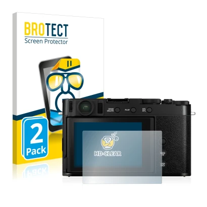 Parte frontale di una confezione del prodotto con il logo del marchio BROTECT. Accanto è raffigurato il dispositivo Fujifilm X