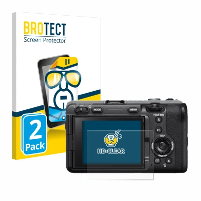 Parte frontale di una confezione del prodotto con il logo del marchio BROTECT. Accanto è raffigurato il dispositivo Sony FX3 c