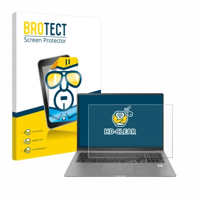 Parte frontale di una confezione del prodotto con il logo del marchio BROTECT. Accanto è raffigurato il dispositivo LG gram 17