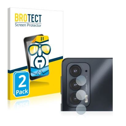 Parte frontale di una confezione del prodotto con il logo del marchio BROTECT. Accanto è raffigurato il dispositivo Motorola E