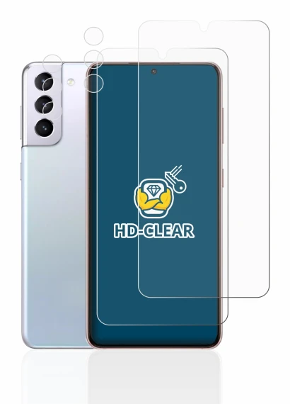 Immagine del dispositivo Samsung Galaxy S21 5G (Fronte+Fotocamera) con un'ampia varietà di protezioni per lo schermo.