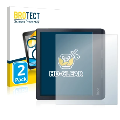 Parte frontale di una confezione del prodotto con il logo del marchio BROTECT. Accanto è raffigurato il dispositivo Kobo Sage