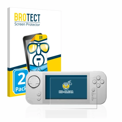 Parte frontale di una confezione del prodotto con il logo del marchio BROTECT. Accanto è raffigurato il dispositivo Evercade E