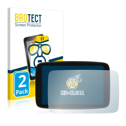 Parte frontale di una confezione del prodotto con il logo del marchio BROTECT. Accanto è raffigurato il dispositivo TomTom GO