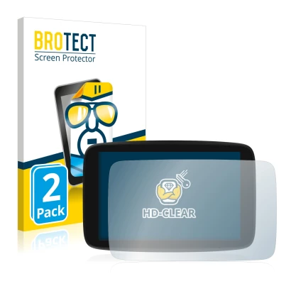Parte frontale di una confezione del prodotto con il logo del marchio BROTECT. Accanto è raffigurato il dispositivo TomTom GO