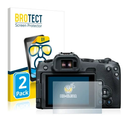Parte frontale di una confezione del prodotto con il logo del marchio BROTECT. Accanto è raffigurato il dispositivo Canon EOS