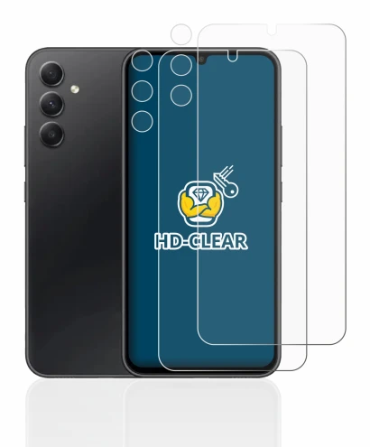 Immagine del dispositivo Samsung Galaxy A34 5G (Fronte+Fotocamera) con un'ampia varietà di protezioni per lo schermo.