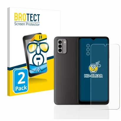 Parte frontale di una confezione del prodotto con il logo del marchio BROTECT. Accanto è raffigurato il dispositivo Nokia G22