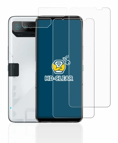 Immagine del dispositivo ASUS ROG Phone 7 (Fronte+Fotocamera) con un'ampia varietà di protezioni per lo schermo.