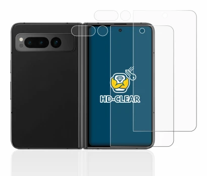 Immagine del dispositivo Google Pixel Fold (Fronte+Fotocamera) con un'ampia varietà di protezioni per lo schermo.