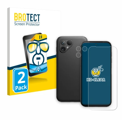 Parte frontale di una confezione del prodotto con il logo del marchio BROTECT. Accanto è raffigurato il dispositivo Fairphone