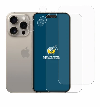 Immagine del dispositivo Apple iPhone 15 Pro (Fronte+Fotocamera) con un'ampia varietà di protezioni per lo schermo.