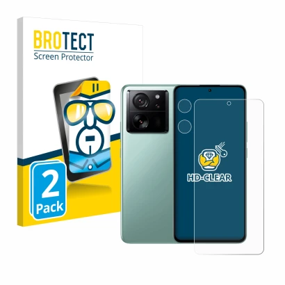 Parte frontale di una confezione del prodotto con il logo del marchio BROTECT. Accanto è raffigurato il dispositivo Xiaomi 13T