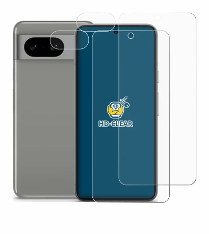 Immagine del dispositivo Google Pixel 8 (Fronte+Fotocamera) con un'ampia varietà di protezioni per lo schermo.