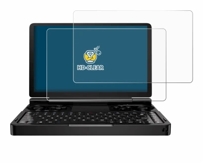 Immagine del dispositivo GPD Win Mini (2024) con un'ampia varietà di protezioni per lo schermo.