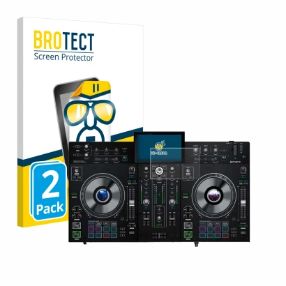 Parte frontale di una confezione del prodotto con il logo del marchio BROTECT. Accanto è raffigurato il dispositivo Denon DJ P
