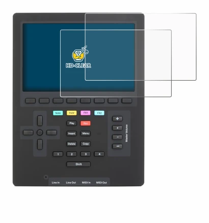 Immagine del dispositivo Polyend Tracker Mini con un'ampia varietà di protezioni per lo schermo.