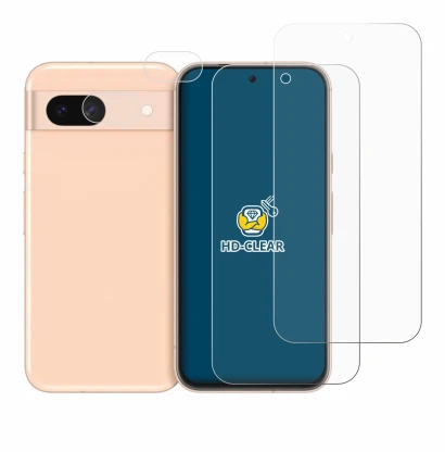 Immagine del dispositivo Google Pixel 8a (Fronte+Fotocamera) con un'ampia varietà di protezioni per lo schermo.