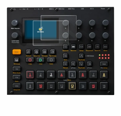 Immagine del dispositivo Elektron Digitakt II con un'ampia varietà di protezioni per lo schermo.