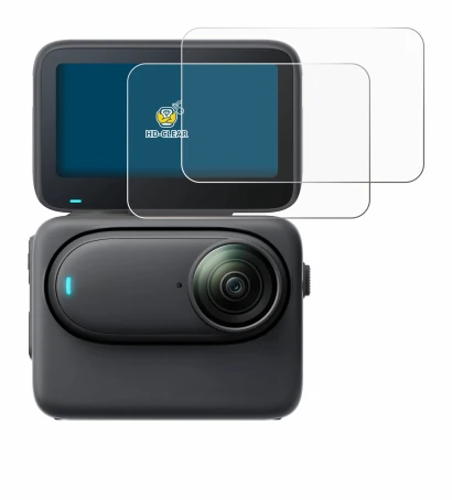 Immagine del dispositivo Insta360 Go 3S con un'ampia varietà di protezioni per lo schermo.