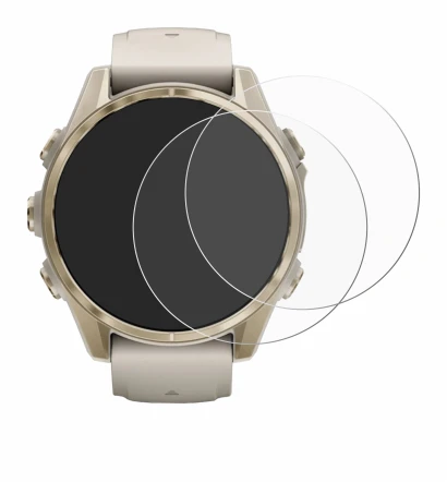 Immagine del dispositivo Garmin Fenix 8 (43 mm) con un'ampia varietà di protezioni per lo schermo.