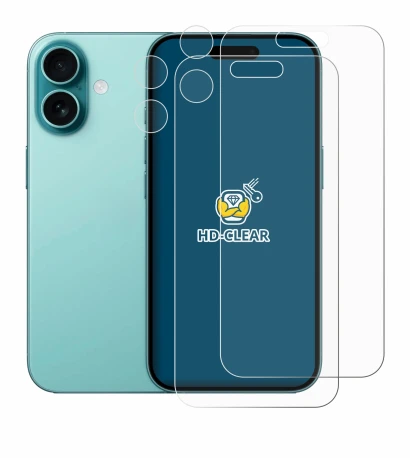 Immagine del dispositivo Apple iPhone 16 (Fronte+Fotocamera) con un'ampia varietà di protezioni per lo schermo.