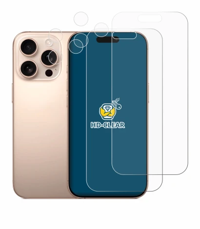 Immagine del dispositivo Apple iPhone 16 Pro (Fronte+Fotocamera) con un'ampia varietà di protezioni per lo schermo.