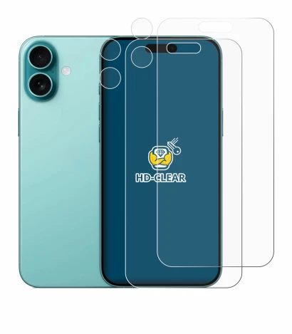 Immagine del dispositivo Apple iPhone 16 Plus (Fronte+Fotocamera) con un'ampia varietà di protezioni per lo schermo.