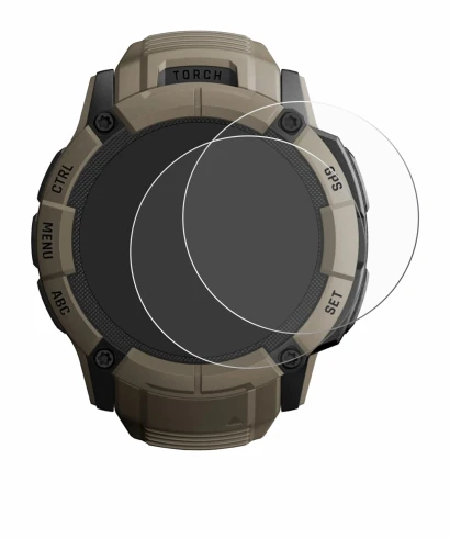 Immagine del dispositivo Garmin Instinct 2X Solar Tactical Edition con un'ampia varietà di protezioni per lo schermo.
