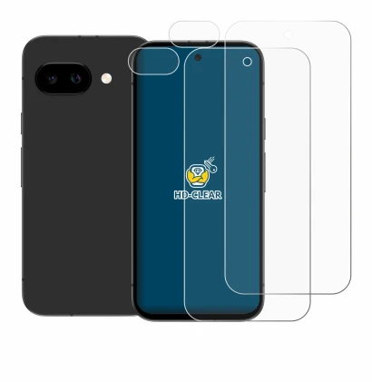 Immagine del dispositivo Google Pixel 9a (Fronte+Fotocamera) con un'ampia varietà di protezioni per lo schermo.