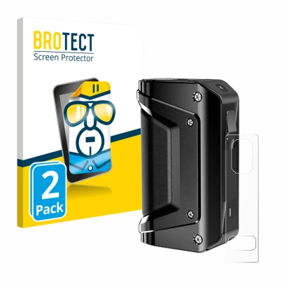 Parte frontale di una confezione del prodotto con il logo del marchio BROTECT. Accanto è raffigurato il dispositivo GeekVape A