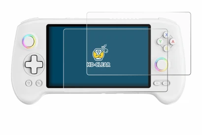 Immagine del dispositivo Anbernic RG557 con un'ampia varietà di protezioni per lo schermo.