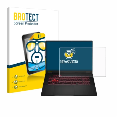 Parte frontale di una confezione del prodotto con il logo del marchio BROTECT. Accanto è raffigurato il dispositivo ASUS TUF G