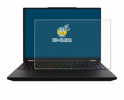 Immagine del dispositivo XMG Apex 16 Max con un'ampia varietà di protezioni per lo schermo.