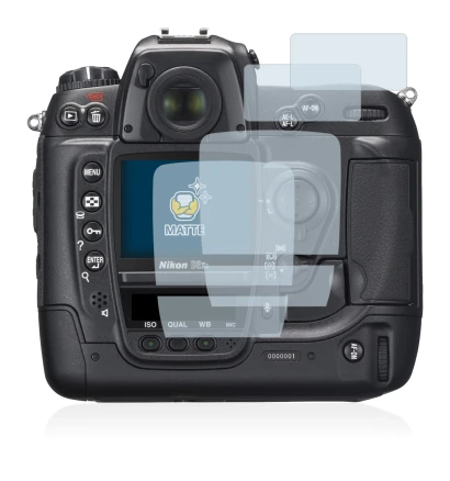 Immagine del dispositivo Nikon D2X con un'ampia varietà di protezioni per lo schermo.