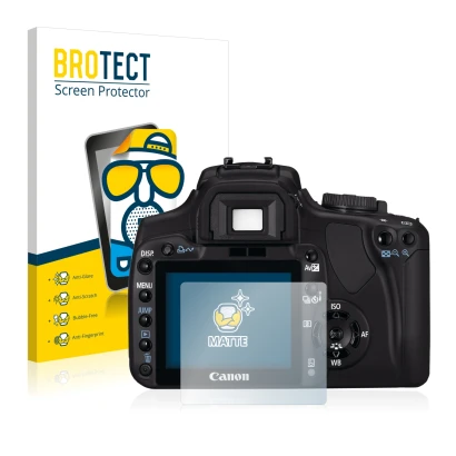 Parte frontale di una confezione del prodotto con il logo del marchio BROTECT. Accanto è raffigurato il dispositivo Canon EOS