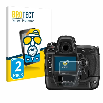 Parte frontale di una confezione del prodotto con il logo del marchio BROTECT. Accanto è raffigurato il dispositivo Nikon D3 c