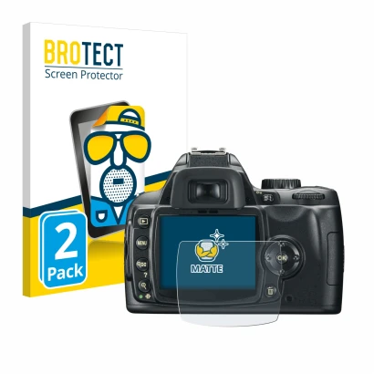 Parte frontale di una confezione del prodotto con il logo del marchio BROTECT. Accanto è raffigurato il dispositivo Nikon D60