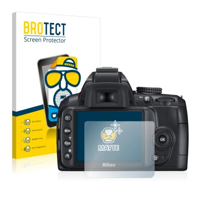 Parte frontale di una confezione del prodotto con il logo del marchio BROTECT. Accanto è raffigurato il dispositivo Nikon D300