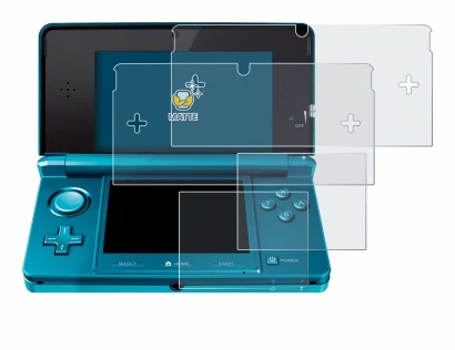 Immagine del dispositivo Nintendo 3DS con un'ampia varietà di protezioni per lo schermo.