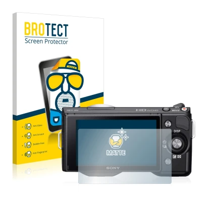 Parte frontale di una confezione del prodotto con il logo del marchio BROTECT. Accanto è raffigurato il dispositivo Sony Alpha