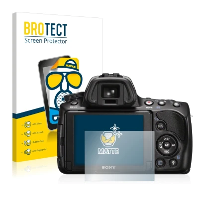 Parte frontale di una confezione del prodotto con il logo del marchio BROTECT. Accanto è raffigurato il dispositivo Sony Alpha