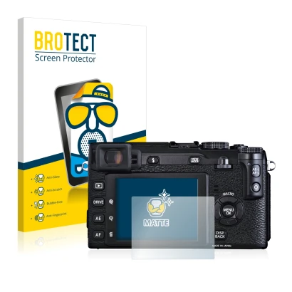 Parte frontale di una confezione del prodotto con il logo del marchio BROTECT. Accanto è raffigurato il dispositivo Fujifilm X
