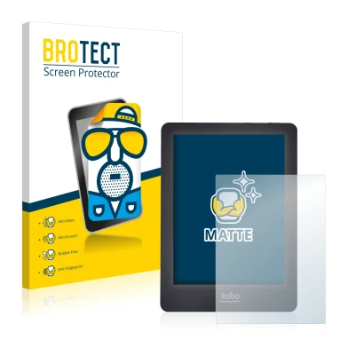 Parte frontale di una confezione del prodotto con il logo del marchio BROTECT. Accanto è raffigurato il dispositivo Kobo Glo c