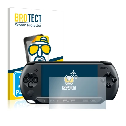 Parte frontale di una confezione del prodotto con il logo del marchio BROTECT. Accanto è raffigurato il dispositivo Sony PSP 1