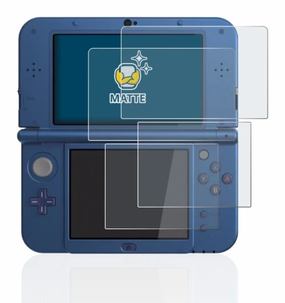 Immagine del dispositivo Nintendo New 3DS XL con un'ampia varietà di protezioni per lo schermo.