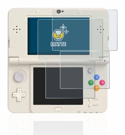 Immagine del dispositivo Nintendo New 3DS con un'ampia varietà di protezioni per lo schermo.