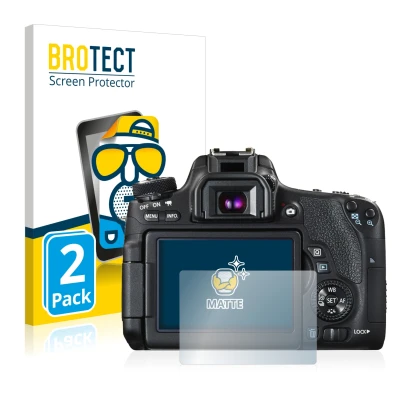 Parte frontale di una confezione del prodotto con il logo del marchio BROTECT. Accanto è raffigurato il dispositivo Canon EOS